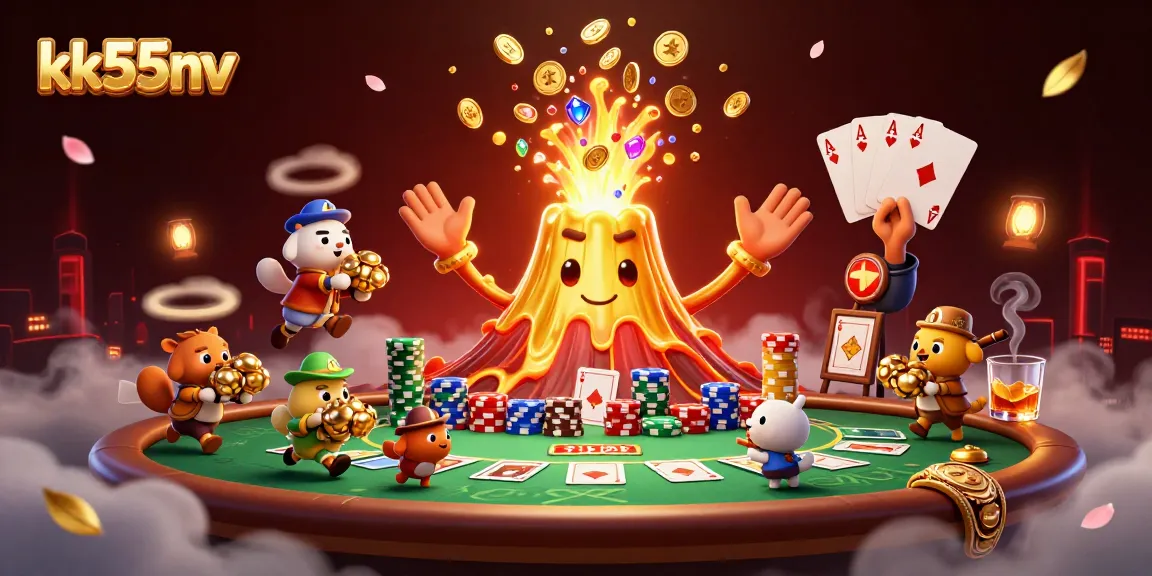 kk55nv unleashing treasure with a triumphant golden volcano and excited explorer animals in a casino-themed illustration.