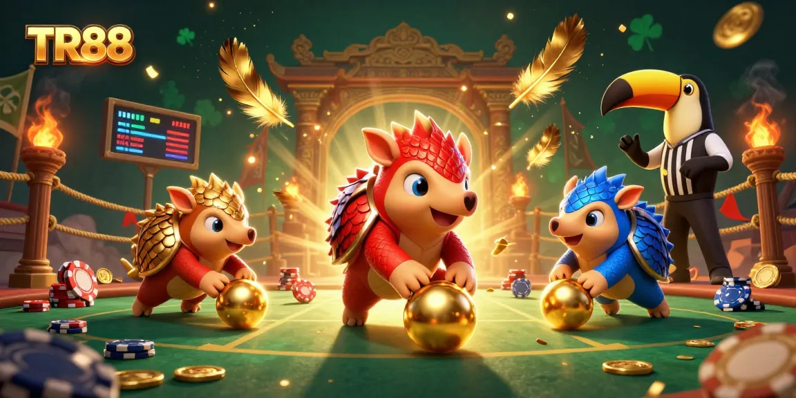 Engaging scene showcasing TR88 casino action with rival pangolins in armor rolling golden balls through poker chips, lively atmosphere.